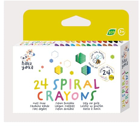 Haku Yoka 6303079 Spiral Lot de 24 crayons de cire colorés avec anneaux de préhension, faciles à saisir, sans décoloration, idéal pour les enfants à partir de 3 ans