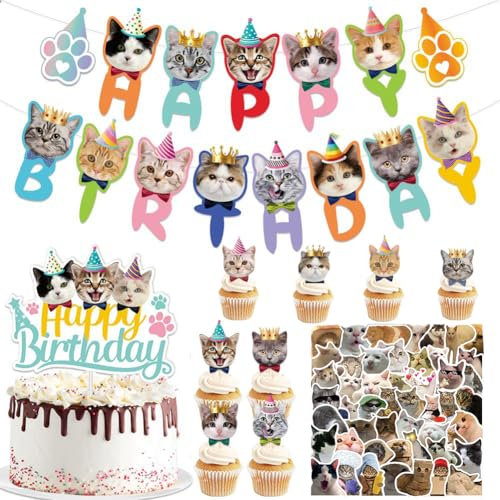 Decoración Para Fiestas De Gatos,11 Piezas Adornos Para Magdalenas De Gatos Feliz Cumpleaños Cupcake Toppers Bandera 100 Calcomanías Divertidas Para Gatos Para Amantes De Los Gatos Para Fiestas