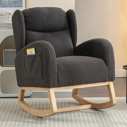 Erinnerda Mid-Century Schaukelstuhl aus Teddy-Stoff mit gepolstertem Sitz, ergonomischer Rückenlehne und Holz-Kufen, 1 Seitentasche, ideal für Wohnzimmer, Schlafzimmer und Flure, Grau