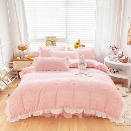 ZIQINPSQ Seersucker Duvet Cover Set Ruffle Duvet Cover Bedding Set,Romantic French Princess Style Ruffled Duvet Cover with Zipper Closure (Pink, Double)