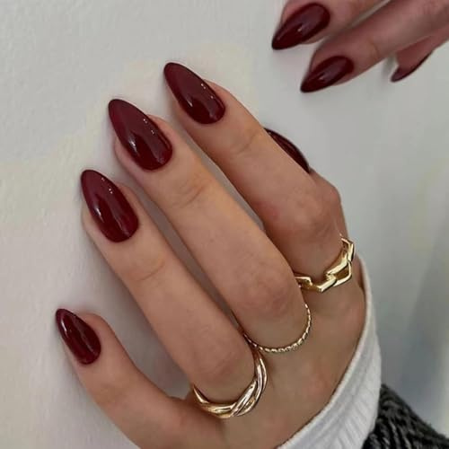 JUSTOTRY 24 Stück Dunkelrot Nägel Zum Aufkleben Kurz,Einfarbig Mandel Press on Nails Muster,Glossy Burgundy Oval Kunstnägel Fake Nails Mittel,French Fingernägel Künstliche Nägel für Frauen