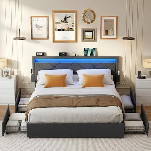 VASAGLE Lit Double, 140 x 190 cm, avec LED, en Métal, 4 Tiroirs, Multiprise, Tête de Lit Rembourrée Ajustable, Pas Besoin de Sommier, Gris Ardoise et Noir Mat RMB826G02