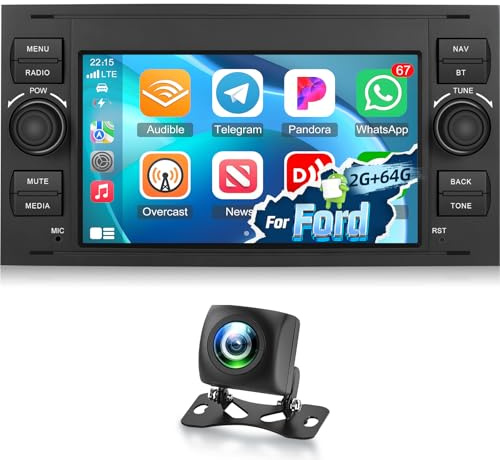 NHOPEEW 2+64G Autoradio für Ford Transit Fiesta Focus Galaxy Mondeo Fusion | für Kuga C-Max S-Max Connect mit Carplay&Android Auto - 7 Zoll Radio Unterstützung WiFi GPS SWC + Rückfahrkamera&Mic