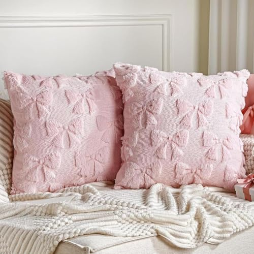 FUFRE 2 Stück Schleife Kissenbezug 45x45 cm, Kissenbezüge Schleifen 45x45 Deko Wohnzimmer Modern Kissenhülle Zimmer Deko Aesthetic Zierkissenbezüge Muttertag Dekokissen Geschenk für Mama (Rosa A)