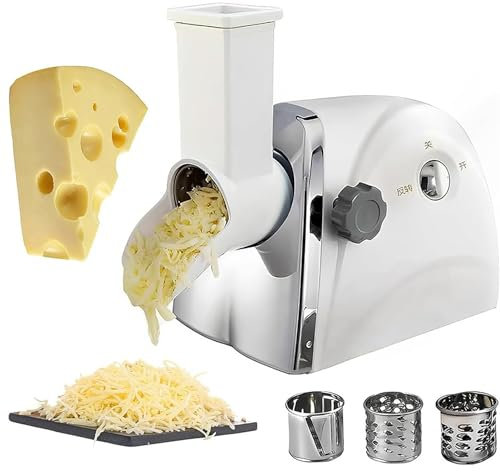 Trituradora eléctrica giratoria de queso de 300 W, rallador comercial con 3 cuchillas de acero inoxidable, tritura 180 piezas en 1 minuto, fácil de montar y limpiar para cocina o uso comercial