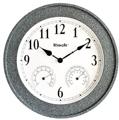 Kmok 50,8 cm große Wanduhr aus Kunstbeton, wasserdicht, mit Thermometer und Hygrometer, batteriebetrieben, geräuschlos, rund, für Innen- und Außenbereich, dekorative Uhr für Terrasse und Zuhause