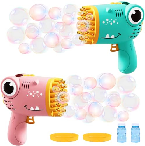 Pistola per bolle di sapone per bambini, 2 pezzi, 40 fori, Dino Bubble Machine Gun con 2 bottiglie di bolle di sapone, pistola per bolle di sapon per bambini, giocattolo per bambin all'aperto