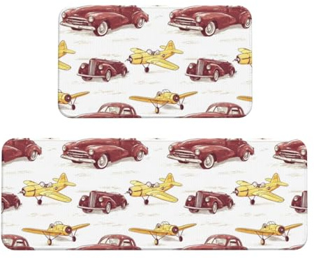 GVYGVY Antifatigue Kitchen Mats for Floor 2 Piece - Vintage Car Plane Print Kitchen Rugs Washable, Non Slip Runner Rug Standing Mat for Office/Bathroom/Laundry/Home Decor and Accessories