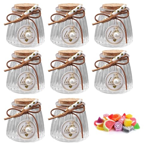 Hoshisea 8 pezzi arattolini Vetro Piccoli con Tappo, Vasetti Vetro Piccoli, Vasetti Bomboniere, con ciondolo e corda, per matrimoni, feste, marmellate (6,5 * 7 cm)