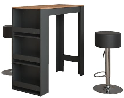 Vicco Set de Mesa de Bar Repose, Antracita/Roble Dorado, 45 x 110 cm con 2 taburetes de Bar, con Compartimentos para Guardar Utensilios de Cocina