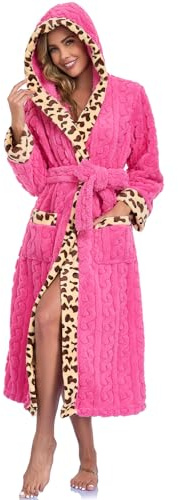 RONGTAI Bathrobe for Women Soft Warm Fuzzy Fleece Long Robe Leopard Print Trim Shawl Collar Housecoat with Pockets & Belt (Rose, M)