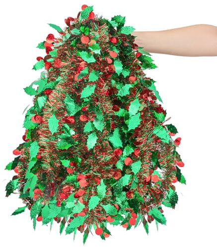 33 FT Christmas Tinsel Garland, Red Green Metallic Twist Foil Tinsel Garland with Berry and Leaves Ornaments Xmas Hanging Decoration for Christmas Tree Wedding Birthday Home Party Decoration