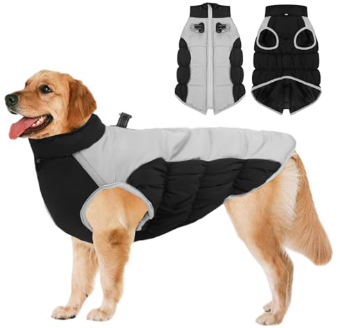Manteau Chien Hiver Imperméables,Manteau Chien Réfléchissant Confortable Réglable avec Fermeture Eclair,pour Moyens Grands Chiens Temps Froid l'hiver Teckel,Bouledogue,Noir 2XL