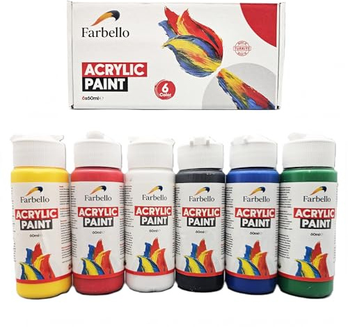 Farbello Pittura Acrilica 6 x 60 ml – Colori Acrilici Altamente Pigmentati a Base d’Acqua, Resistenti all’Acqua dopo l’Asciugatura, per Tela, Legno, Pietra, Carta, Metallo e Decorazioni (6 colori)