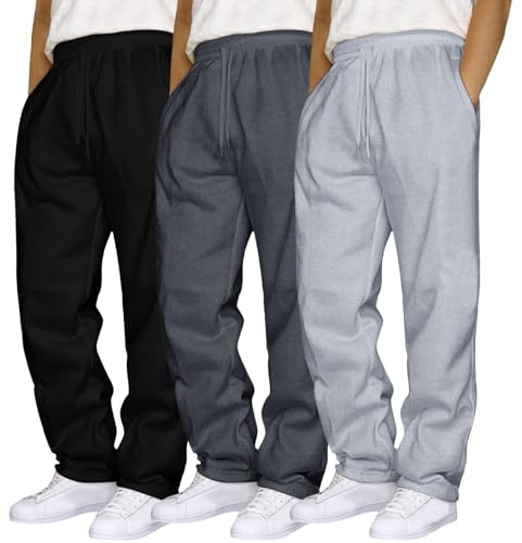 3 Pack Mens Straight Leg Sweat Pants with Pockets Baggy Men Plain Jogging Bottoms Joggers Fleece Pants Gym Sports Trousers Mens Open Hem Jog Pant Drawstring SweatPants Bottoms Loose Fit Work (M)