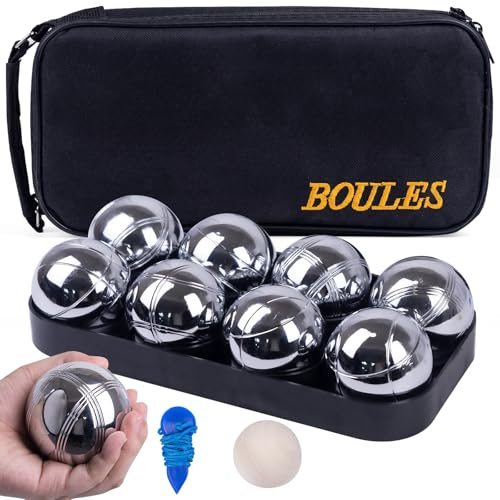 WodGod Boules Game Set – 8 Stainless Steel Balls with Carry Case, Target Ball & Measuring String, Classic Petanque Game Set for Lawn, Beach & Backyard – Outdoor Family Bocce Ball Fun