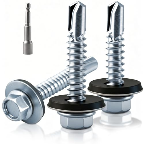 XRXYMQ 100 Stk Trapezblechschrauben Selbstschneidende Schrauben 4.8 x 19 mm | Spenglerschrauben mit Dichtscheibe Blechschrauben Bohrschrauben mit Sechskant Bit Steckschlusselsatz für Hausreparaturen