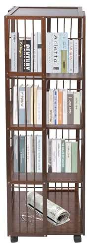 OUKANING 5-stufiges Drehregal mit Rollen, Bambus Bücherregal 100kg Tragkraft, 360° drehbar und mobil mit Bremsen, Platzsparendes Stehregal für Bücher, Deko und Wohnzimmer, 132cm H (Braun)