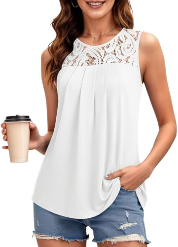 PLMOKEN Canotta Lunghe Estive Donna, Canotte Estivi con Pizzo, Blusa Senza Maniche Elegante, Abbigliamento Estivo Camicia Bianco XL