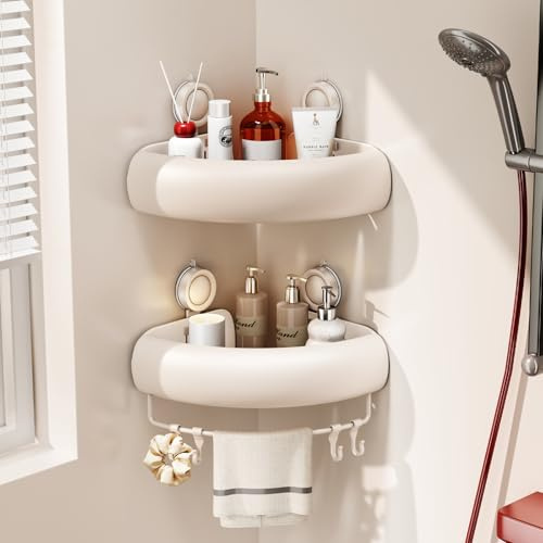 Voldra Duschablage Ohne Bohren, Duschregal Ecke Saugnapf Bogenförmiges Badezimmer Regal Wand Duschkorb mit Handtuchhalter Eckregal Bad Ablage Dusche Metall Regal Duschkorb Ohne Bohren(2 Stück, Weiß)