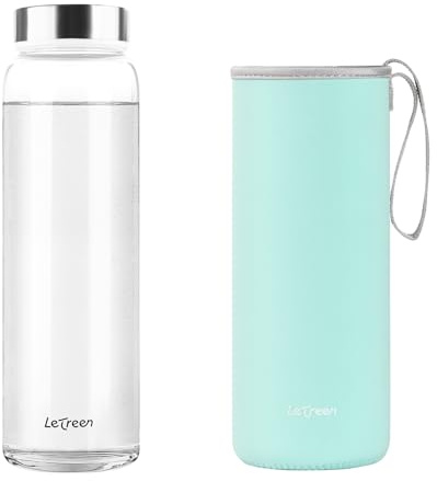 LETREEN Glass Water Bottle 32 oz, Borosilicate Wide Mouth Glass Water Bottle with Neoprene Sleeve, BPA-Free Leak Proof Reusable for Hot Cold Drinks, Work, Gym, Home, 1 Pack