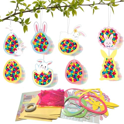 Gibocot Easter Crafts for Kids, 16 Pack DIY Bunny Rabbit Eggs Stained Glass Art & Suncatchers Craft Kits for Children Sunday School Home Family & Classroom Easter Activities