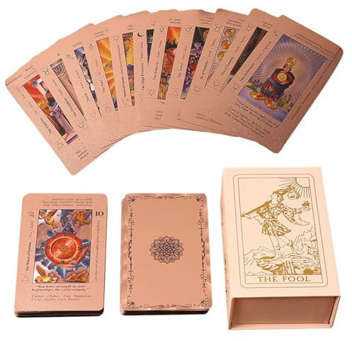 Baraja de Ta-rot en Oro Rosa para Principiantes, Cartas de Ta-rot Mágicas con Caldero en Oro Rosa y Guía, Baraja de Tarots Resistente al Agua y a las Arrugas con Significados, Juego de Adivinación