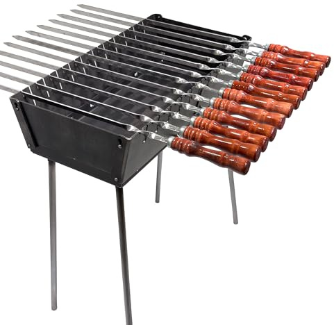 GOROCH Mangal Ensemble de barbecue en acier de 3 mm – Barbecue pliable au design de valise avec 8 brochettes en acier inoxydable avec poignée en bois (63 cm, 3 mm), barbecue pour camping et jardin