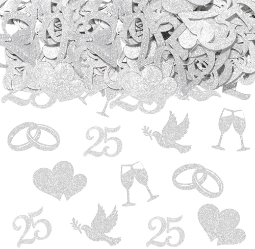 100 Stück Silberhochzeit Konfetti Glitzer, 5 Motive (Ringe, 25, Herz, Sektgläser, Taube), Silber Hochzeit Tischdeko für 25. Jubiläum & 25. Hochzeitstag