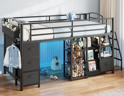 Twin Low Loft Bed, Kids Loft Bed with Storage Drawers and LED Lights Black | with Sling Bookshelf, Toy Storage, Play Curtain and Anti Collision Safety Pad for Kids Bedroom