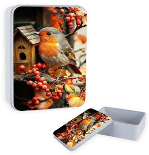 DISUOFEART Large Metal Tin Box with Lid, Sturdy Decorative Metal Storage Container, Robin on Berry Branch Durable Printed Tin Case for Gifts, Crafts, Small Items, Home & Office Organization