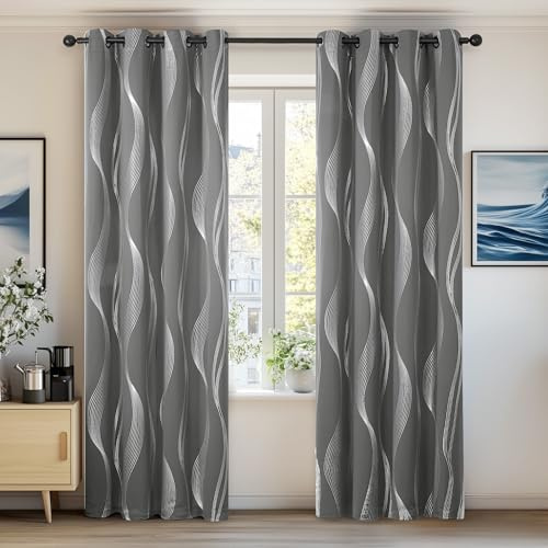 Deconovo Vorhang mit Ösen, Lärmschutzvorhang Verdunkelung, Thermogardine für Wohnzimmer, 138x132 cm(HöhexBreite), Hellgrau, 2er Set