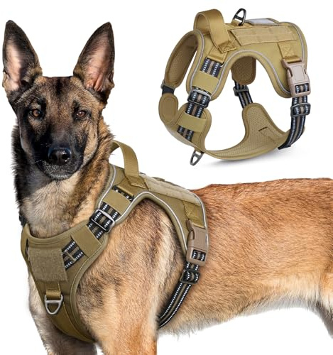 rabbitgoo Taktisk hundsele stor hund, justerbar hundsele inget drag med molle och handtag, andningsbar militär hundsele, reflekterande hundväst enkel kontroll för träning promenader XL, brun