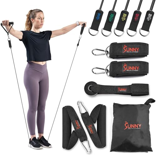 Sunny Health & Fitness Premium Resistance Band Set With Door Anchors, Wrist Straps, Handles & Carry Bag – Exercise Stretch Bands For Strength Training, Muscle Recovery, Yoga and More - NO. 089-COMBO