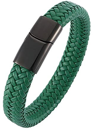 Ayoiow Männer Armband Indianer, Männer Armbänder Edelstahl Armband Leder Vintage Grün Geflochten Armband mit Schwarz Schnalle
