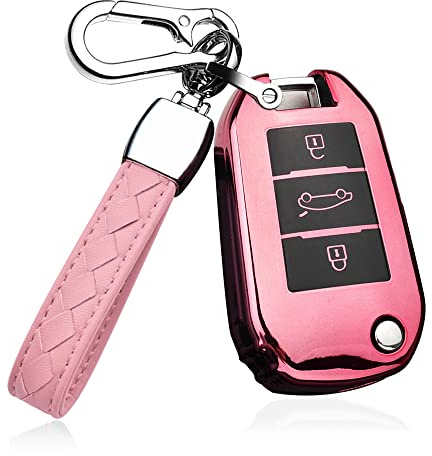 HIBEYO Klappschlüssel AutoSchlüssel Hülle Passt für Peugeot 206 1007 3008 5008 4008 Silikon Schutzhülle Schlüsselhülle Abdeckung für Citroen C6 C8 DS4 DS5 C4L Fernbedienung Schlüsseletui-Rosa