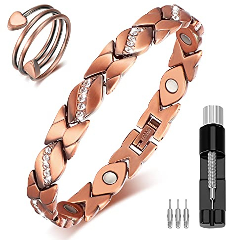 Bracelet Magnétique en Cuivre avec Aimants de 3500 Gauss Bracelet Aimanté en Cuivre Massif Bague en Cuivre Anneau en Cuivre pour Femme Bracelet à Cristaux avec Outil de Réglage pour Femme