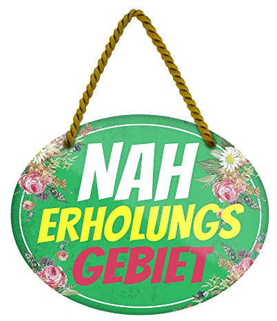 Naherholungsgebiet Schild - Metallschild mit Kordel und Saugnapf - Retro Deko Hängeschild - Dekoration für Balkon Terrasse Garten Loggia Lieblingsplatz Schrebergarten Campingplatz - 18x12cm
