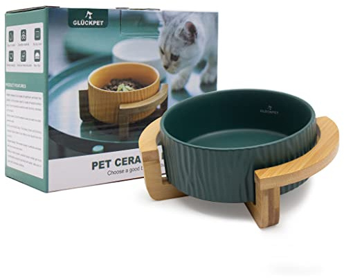 Cuenco de Cerámica para Gato, Base de Madera de Bambú, 400 mL, Verde