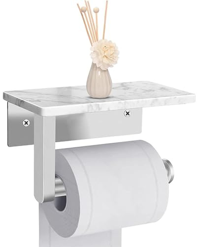 Biutimarden Toilettenpapierhalter Ohne Bohren,Klopapierhalter Edelstahl mit Weißer Marmor Ablage Selbstklebend oder Schraub Wandmontage Klorollenhalter für Küche und Bad(Gebürstet)
