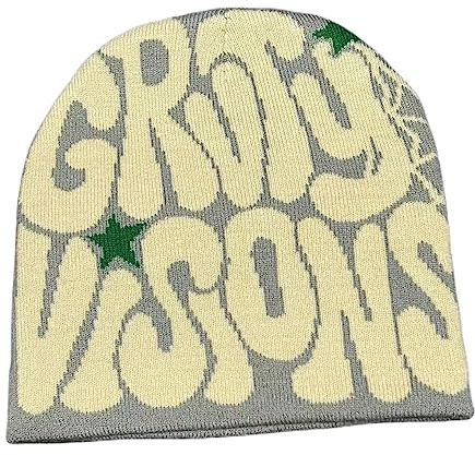 Rvnsu Y2K Beanies Brief Druck Strickmütze Mode Hip Hop Trend Beanie Winter Warme Wollmütze für Frauen Mann Pullover Hut
