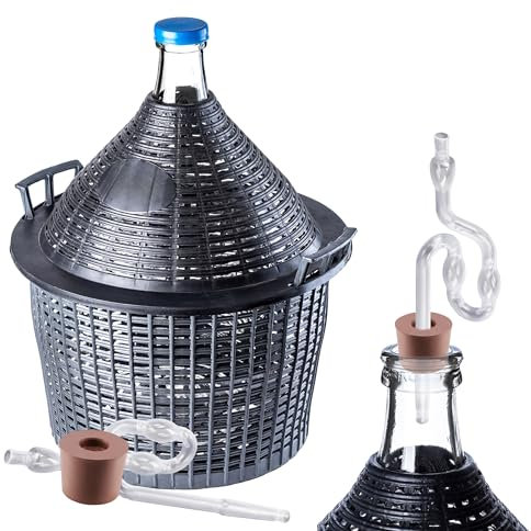 KADAX Glasballon-Set 25L, Gärballon mit Kunststoffkorb und Gärzubehör, Gummi-stopfen, Gärröhrchen, schmale Öffnung, Weinballon, Flasche, Glasflasche (Kunststoff Gärröhrchen)