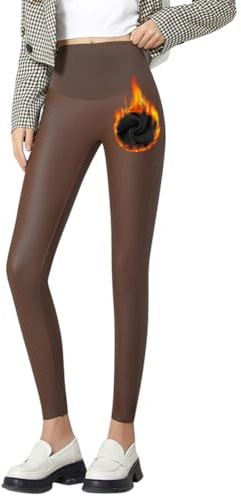 Minetom Leggins Donna A Vita Alta Elasticizzati Leggings in Pelle Stretch Skinny Ecopelle Sportivi Pantaloni in Pile Caldo Fitness Yoga Leggings A Marrone M