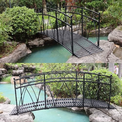 JSUN7 8 FT Metal Garden Bridge - Garden Decor for Outside with Safety Siderails, Outdoor Decorative Iron Garden Footbridge for Pond, Creek, Stream, Black