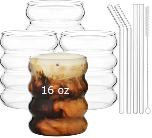 ALINK Lot de 4 verres à eau à bulles de 473,6 g – Gobelets en verre en forme d'ondulation vintage nervurée – Pour cocktail, soda, jus, café, lait