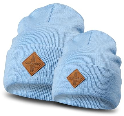 Soulbuddy Beanie - 2er Set Hellblau Melange | Partnerlook-Set | 1 Herren oder Damen Wintermütze (One Size - 54-62 cm) und 1 Kinder Strickmütze (Größe L - 49-54 cm)
