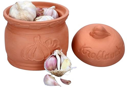 MamboCat Terra - Vaso per aglio in terracotta, Ø 12,8 cm, con coperchio per la vostra cucina, elegante contenitore con rilievo e scritta, ideale per la conservazione a lungo