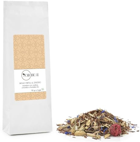 Novecento Tè | Infuso Mirtilli e Zenzero | Tisana in Foglie - 90 Gr | Rooibos Con Fiordaliso | Sacchetto The Rosso Frutta e Spezie