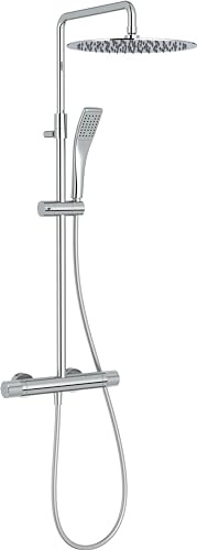 Jacob Delafon Colonne de Douche Thermostatique, Tête Carrée 30cm, Chrome | Butée anti-brulure 38°C. Canne réglable. Douchette oblong. Débit 10L/min