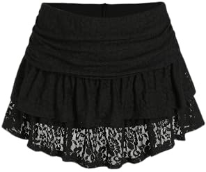CIDER Women's Ruched Floral Lace Knit Layered Mini Skort Clothing, Black, S